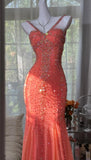 Ndyad V-neck Mermaid Long Prom Dresses, Sparkly Chiffon Beaded Coral Formal Dresses HZ1024