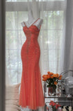 Ndyad V-neck Mermaid Long Prom Dresses, Sparkly Chiffon Beaded Coral Formal Dresses HZ1024