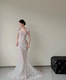 Ndyad Square Neck Mermaid Long Wedding Dresses Applique Tulle Bridal Gowns Short Sleeve Bridal Dresses HZ1024