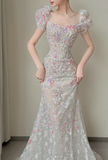 Ndyad Square Neck Mermaid Long Wedding Dresses Applique Tulle Bridal Gowns Short Sleeve Bridal Dresses HZ1024