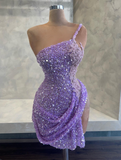 Ndyad One Shoulder Bodycon Short Prom Dresses Beaded Purple Birthday Dresses HZ1024