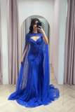 Ndyad Spaghetti Strap Mermaid Long Prom Dresses with Beaded Chiffon and Royal Blue Evening Dresses with Cape HZ1024