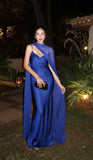 Ndyad Spaghetti Strap Sheath Long Prom Dresses Satin Blue Evening Dresses Elegant Wedding Guest Dresses HZ1024