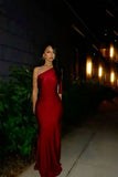 Ndyad One Shoulder Sheath Long Prom Dresses Satin Wine Red New Year's Eve Dresses HZ1024