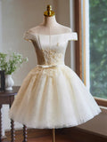 Ndyad Off Shoulder Satin Lace Short Prom Dress, Champagne Homecoming Dress HZ1024