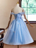 Ndyad Sweetheart Neck Off Shoulder Blue Short Prom Dress with Beads HZ1024