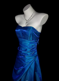 Ndyad Strapless A-Line Long Prom Dresses Satin Blue Formal Dresses Blue Halloween Dresses HZ1024