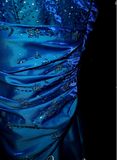 Ndyad Strapless A-Line Long Prom Dresses Satin Blue Formal Dresses Blue Halloween Dresses HZ1024