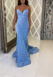 Ndyad Sweetheart Mermaid Blue Long Prom Dresses Sequin Blue Long Evening Dresses HZ1024