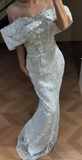 Ndyad Off-the-shoulder Sheath White Long Prom Dresses Tulle Beaded White Wedding Guset Dresses HZ1024