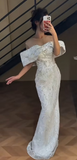 Ndyad Off-the-shoulder Sheath White Long Prom Dresses Tulle Beaded White Wedding Guset Dresses HZ1024