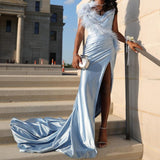 Ndyad Sweetheart Sheath Blue Long Prom Dresses Satin Blue Long Evening Dresses HZ1024