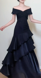 Ndyad Off-the-shoulder Sheath Black Long Prom Dresses Satin Ruffle Black Long Evening Dresses HZ1024