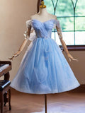Ndyad Sweetheart Neck Off Shoulder Blue Short Prom Dress with Beads HZ1024