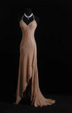 Ndyad Spaghetti Strap Sheath Long Prom Dresses Beaded Satin Vintage Champagne Evening Gowns HZ1024