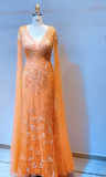 Ndyad V-neck Sheath Long Prom Dresses Sequined Tulle Orange Formal Dresses Elegant V-neck Sheath Long Prom Dresses Sequin Tulle Orange Formal Dresses Long Sleeve Mother of the Bride Dresses HZ1024