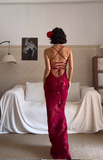 Ndyad Spaghetti Strap Mermaid Burgundy Long Prom Dresses Chiffon Applique Burgundy Formal Dresses HZ1024