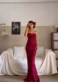 Ndyad Spaghetti Strap Mermaid Burgundy Long Prom Dresses Chiffon Applique Burgundy Formal Dresses HZ1024