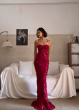 Ndyad Spaghetti Strap Mermaid Burgundy Long Prom Dresses Chiffon Applique Burgundy Formal Dresses HZ1024