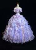 Ndyad Off-shoulder Ball Gown Purple Long Prom Dresses Tulle Purple Quinceanera Dresses Sweet 16 Dress HZ1024
