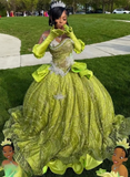 Ndyad Sweetheart Ball Gown Green Long Prom Dresses Sparkly Rhinestone Tulle Green Sweet 16 Dress HZ1024