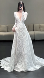Ndyad V-neck Mermaid Wedding Dresses with Train Lace Applique White Bridal Gowns Long Sleeve Bridal Dresses HZ1024