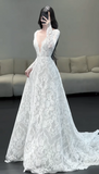 Ndyad V-neck Mermaid Wedding Dresses with Train Lace Applique White Bridal Gowns Long Sleeve Bridal Dresses HZ1024