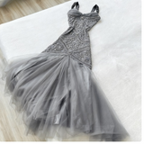 Ndyad Spaghetti Strap Mermaid Long Prom Dresses Tulle Gray Birthday Dresses HZ1024