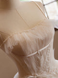 Ndyad Sweetheart Neck Tulle Champagne Long Prom Dress With Lace HZ1024