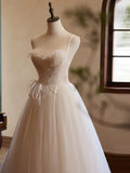 Ndyad Sweetheart Neck Tulle Champagne Long Prom Dress With Lace HZ1024
