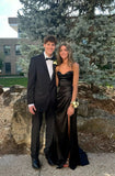 Ndyad Spaghetti Strap Sheath Long Prom Dress with Slit, Satin Black Formal Dress HZ1024