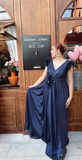 Ndyad V-neck Sheath Navy Blue Mother of the Bride Dresses Satin Navy Blue Wedding Guest Dresses HZ1024