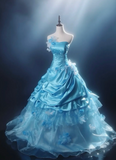 Ndyad Strapless Ball Gown Blue Long Prom Dresses Satin Blue Quinceanera Dresses Sweet 16 Dress HZ1024