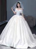 Ndyad Off-shoulder Ball Gown Satin Long Wedding Dresses White Bridal Gowns Short Sleeve Bridal Dresses HZ1024
