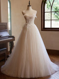 Ndyad Sweetheart Neck Tulle Champagne Long Prom Dress With Lace HZ1024