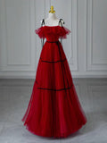 Ndyad Off Shoulder Tulle Burgundy Long Prom Dress, Burgundy Long Formal Dress HZ1024