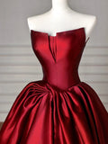 Ndyad A-Line Satin Burgundy Long Prom Dress, Burgundy Long Evening Dress HZ1024