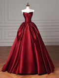 Ndyad A-Line Satin Burgundy Long Prom Dress, Burgundy Long Evening Dress HZ1024