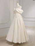 Ndyad Shoulder A-Line Satin Beige Long Prom Dress, Beige Long Formal Dress HZ1024