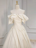 Ndyad Shoulder A-Line Satin Beige Long Prom Dress, Beige Long Formal Dress HZ1024