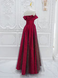 Ndyad Off Shoulder Satin Tulle Burgundy Long Prom Dress HZ1024