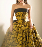 Ndyad Yellow Satin Lace Long Prom Dress, Yellow Long Evening Dress HZ1024