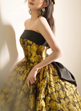 Ndyad Yellow Satin Lace Long Prom Dress, Yellow Long Evening Dress HZ1024