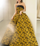 Ndyad Yellow Satin Lace Long Prom Dress, Yellow Long Evening Dress HZ1024