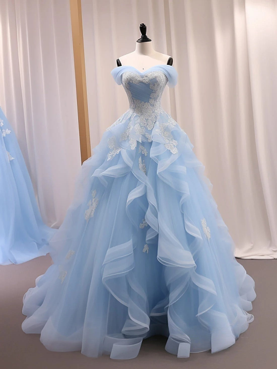 Ndyad ??Blue A-Line Long Prom Dress for Birthday&Quinceanera Sweet Tulle Lace off Shoulder Evening Dresses HZ1024