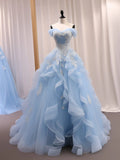 Ndyad ??Blue A-Line Long Prom Dress for Birthday&Quinceanera Sweet Tulle Lace off Shoulder Evening Dresses HZ1024