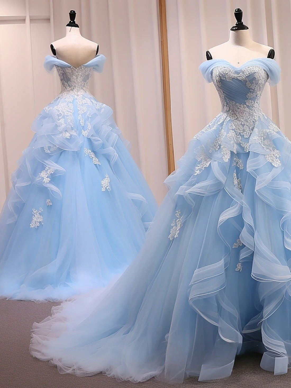 Ndyad ??Blue A-Line Long Prom Dress for Birthday&Quinceanera Sweet Tulle Lace off Shoulder Evening Dresses HZ1024
