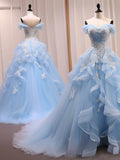 Ndyad ??Blue A-Line Long Prom Dress for Birthday&Quinceanera Sweet Tulle Lace off Shoulder Evening Dresses HZ1024
