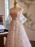 Ndyad Off Shoulder Lace Tulle Pink Long Prom Dress, Pink Long Evening Dress HZ1024