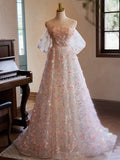 Ndyad Off Shoulder Lace Tulle Pink Long Prom Dress, Pink Long Evening Dress HZ1024